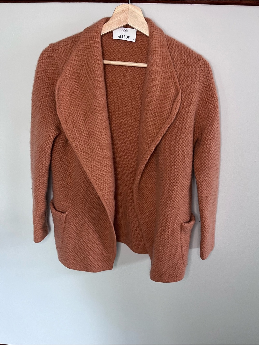 Allude 100% Cashmere Open Front Cardigan Terracotta‎ Orange Shawl Collar Small